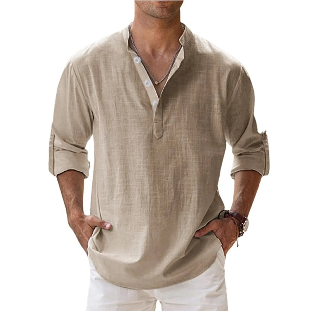Men's cotton and linen stand-up collar Henley shirt loose-fitting