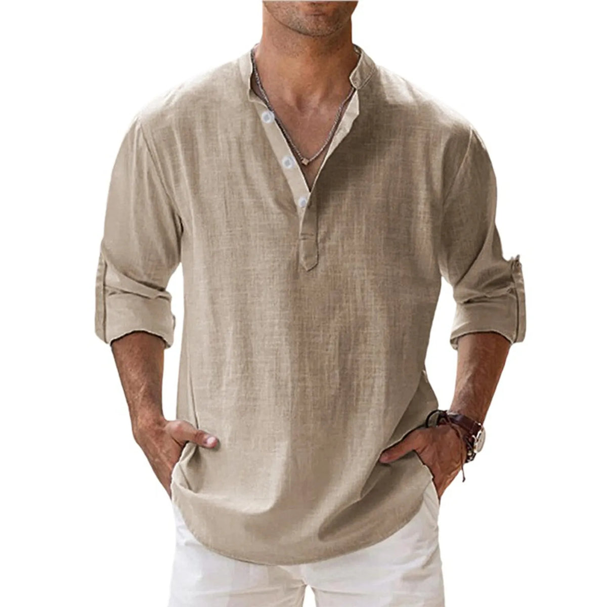 Men's cotton and linen stand-up collar Henley shirt loose-fitting