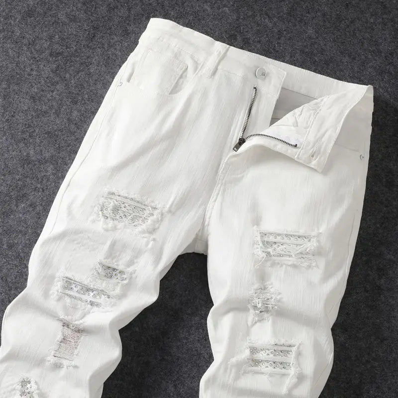 2024 spring and summer hot selling men's white distressed hot drilling