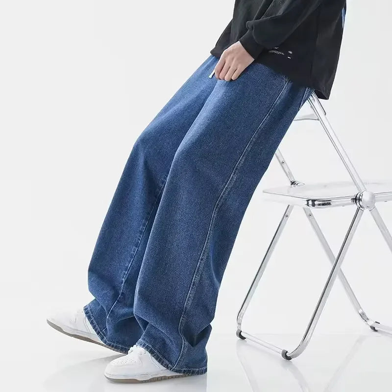 Light Wash Men's Drawstring Jeans Loose Straight Leg Floor-Length