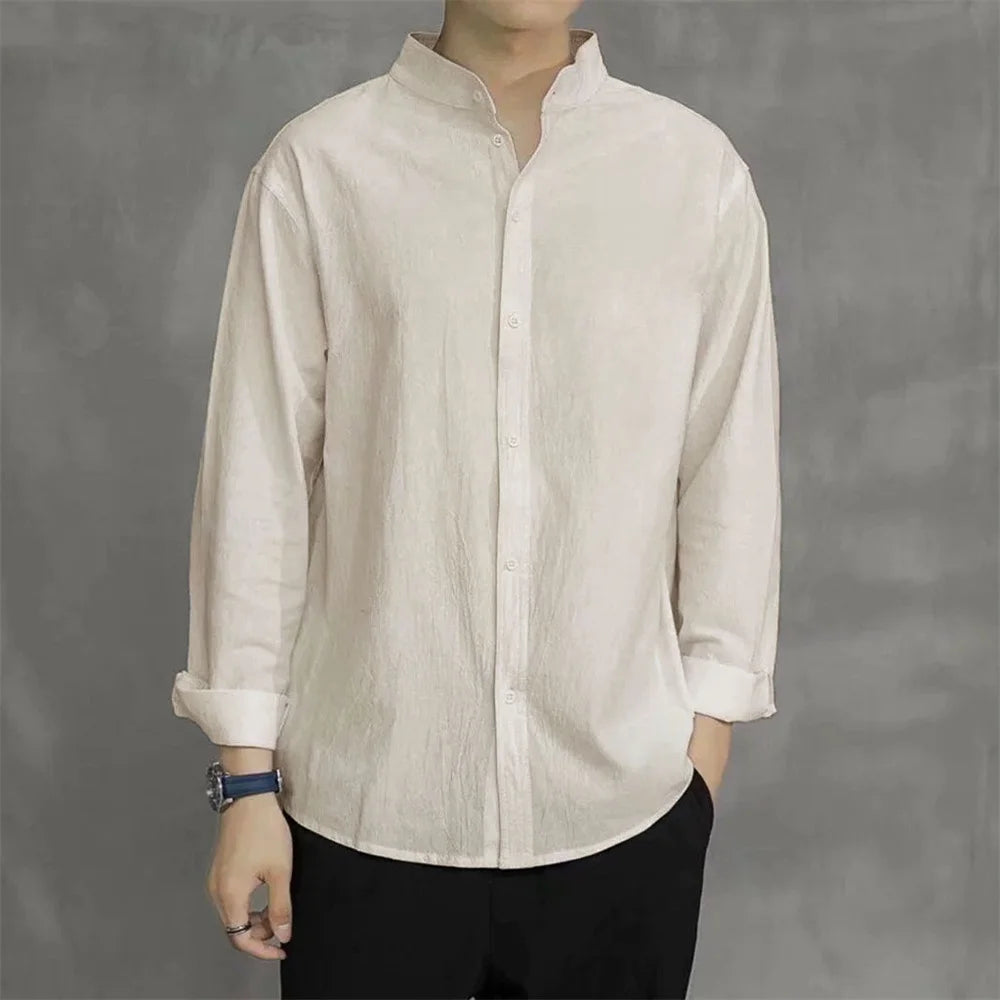 Spring Autumn Men's Shirt Long Sleeve Solid Color Cotton Linen Henley