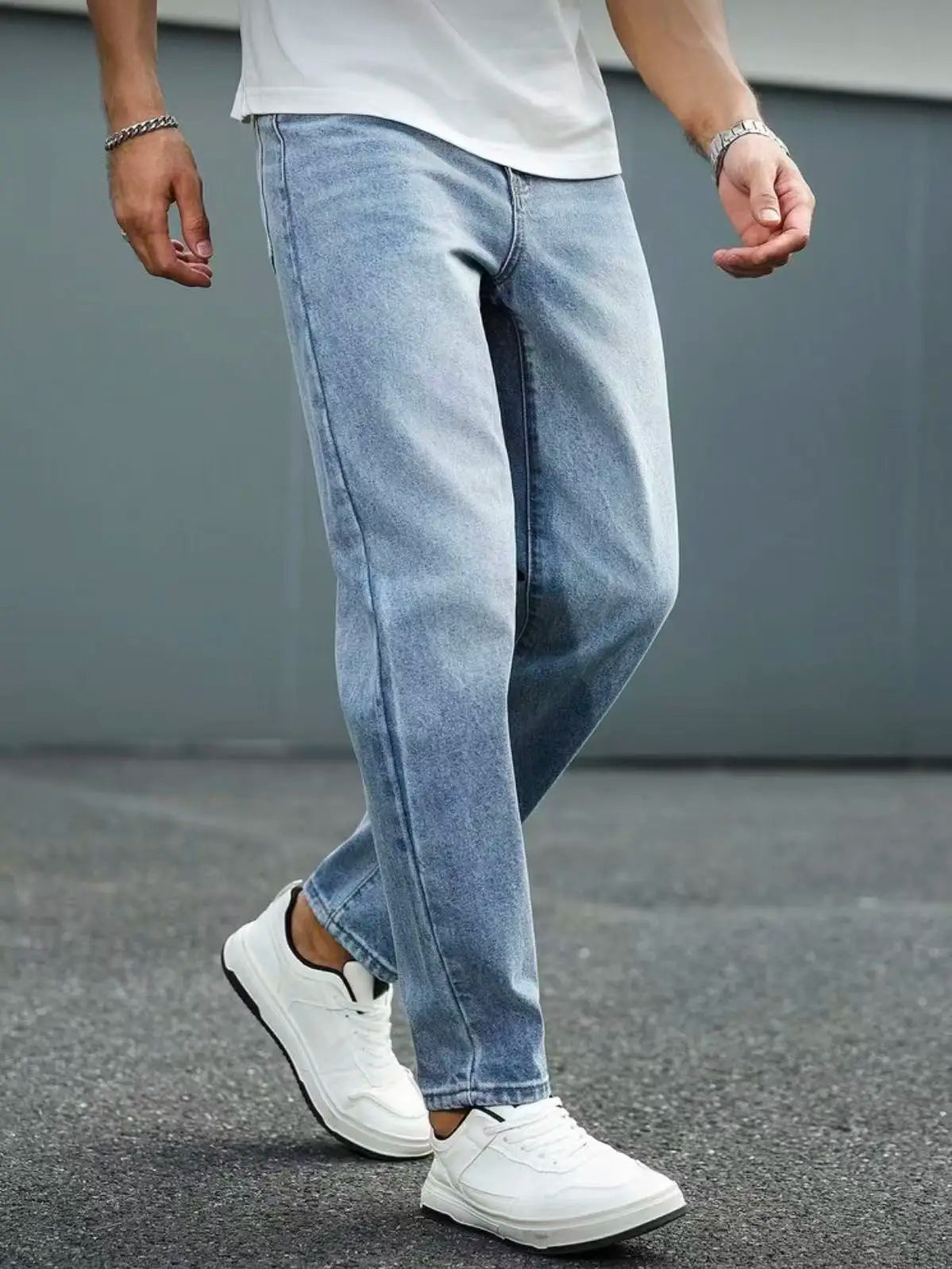 Slim Fit Jeans Men Light Blue Washed Whisker Detail Jeans Classic Mid