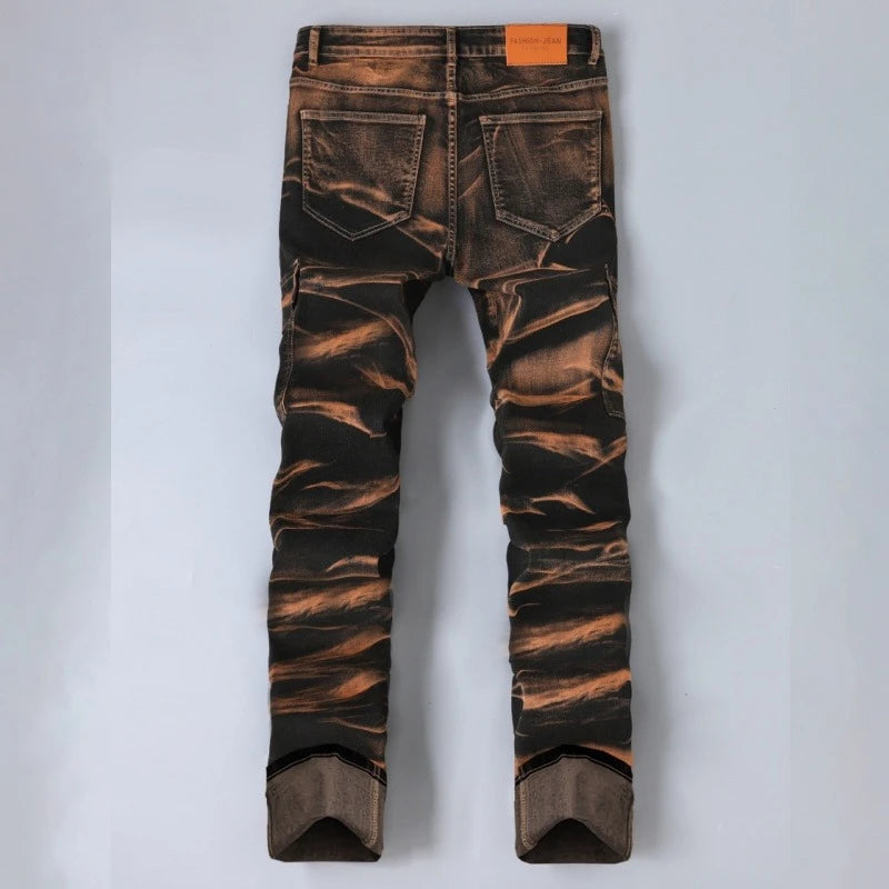 Spring Autumn Wine Red Slim-fit Jeans Mens Vintage Fashionable Elastic