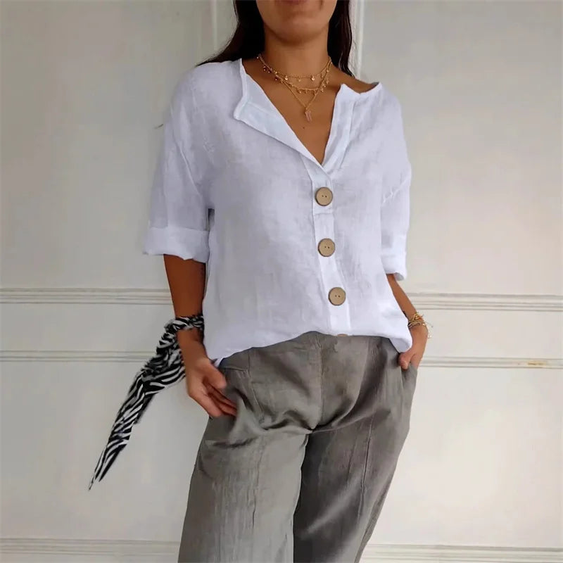 Summer Loose Shirt Women's V-Neck Cotton Linen Button Top Casual