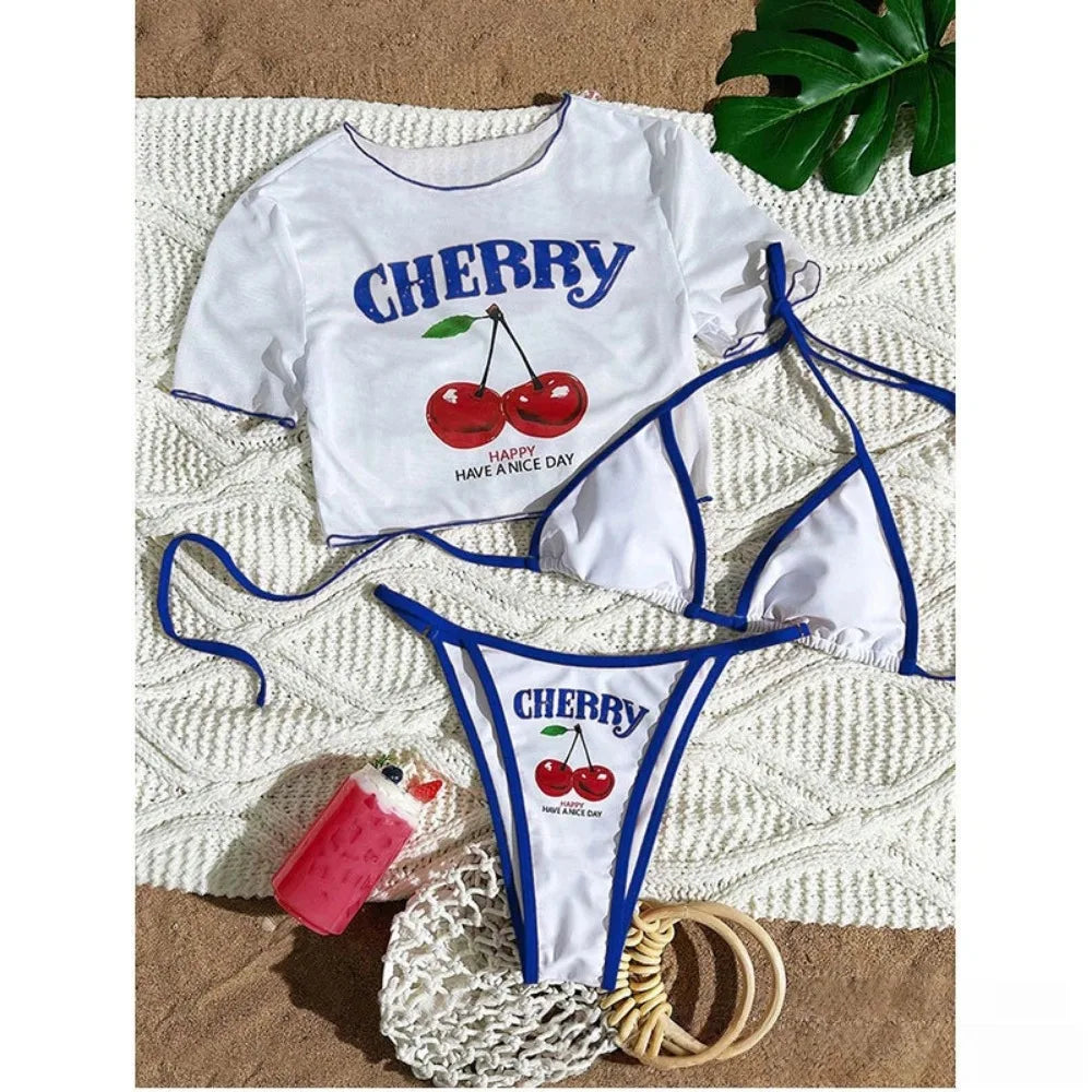 2026 New Printed Top Mesh Blouse Split Sexy Three-Piece Bikini
