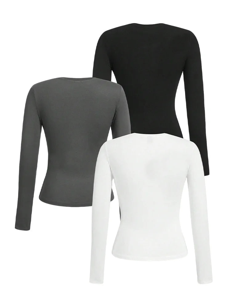 Women's solid-color long-sleeved T-shirt - Polyester knitted fabric,