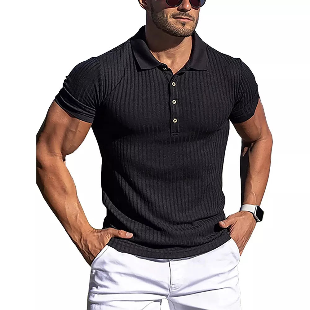 New Summer Polo Men Solid Stripe Fitness Elasticity Short Sleeve Polo