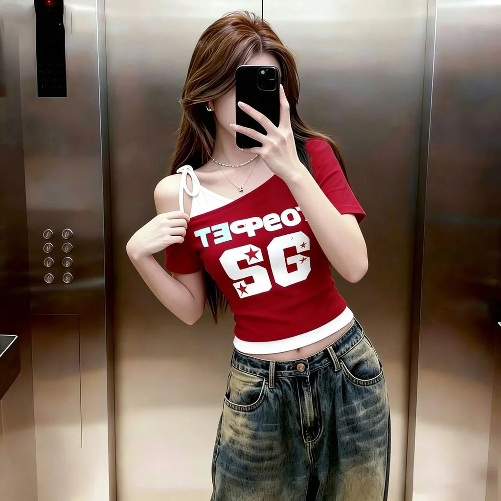 2026 Summer Korean Off Shoulder Fake Two Piece T Shirt Women Color