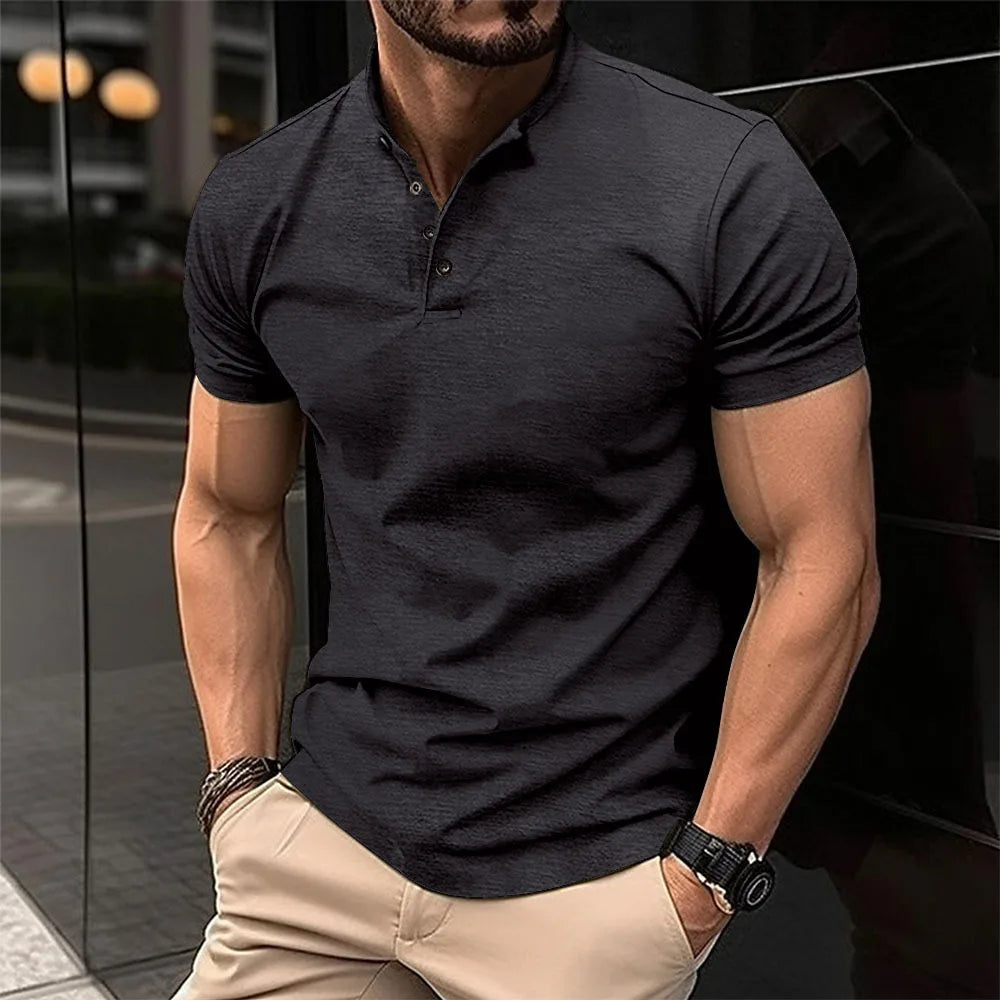 2026 New Summer Men Henley Collar T-shirts Button Slim Casual Male