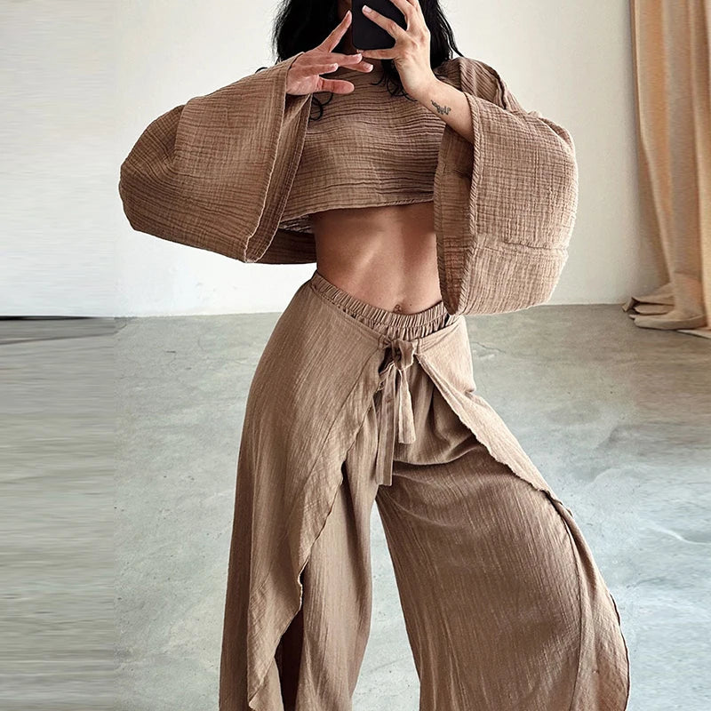 Spring Casual Solid Cotton Linen Suit Summer O Neck Crop Top+Lace-up