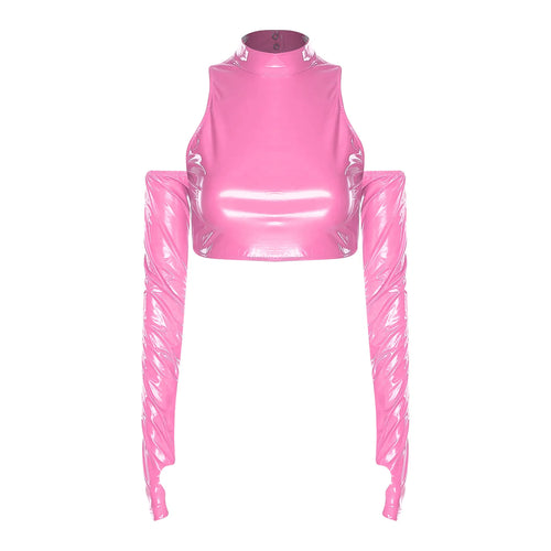 Womens Adult Glossy PU Cropped Top Cold Shoulder Long Sleeve Hollow