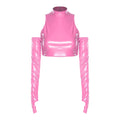 Womens Adult Glossy PU Cropped Top Cold Shoulder Long Sleeve Hollow