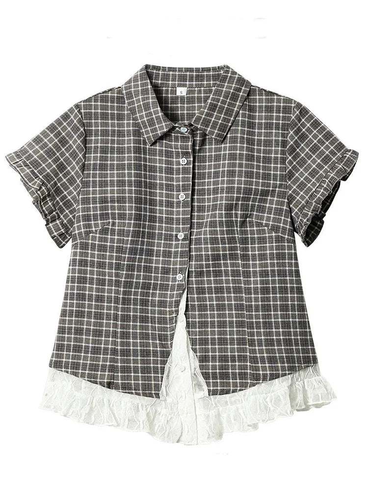 Lace Patchwork Plaid Shirt Women Summer Sweet Short Sleeve Vintage