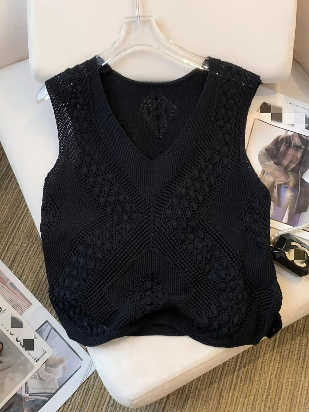 Solid Color V Neck Tank Top, Casual Sleeveless Cut Out Knitted Tank