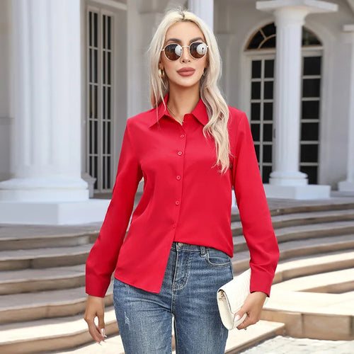 Women Elegant Solid Button Shirt Chiffon Blouse Spring Summer Casual
