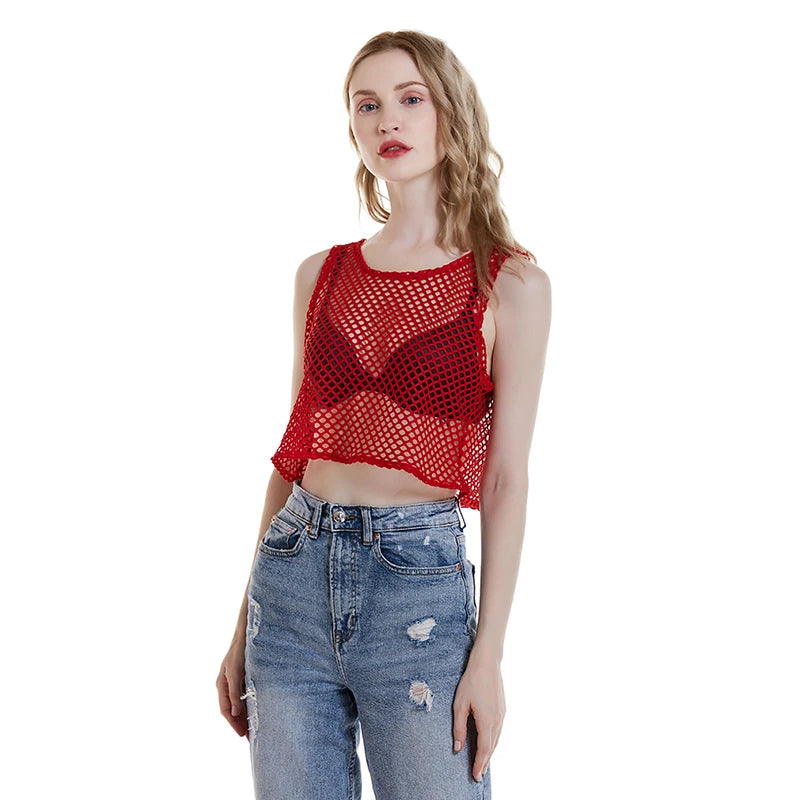 Sexy Black/Red Hollow Out Crop Top 2023 Mesh T-shirt Female Loose