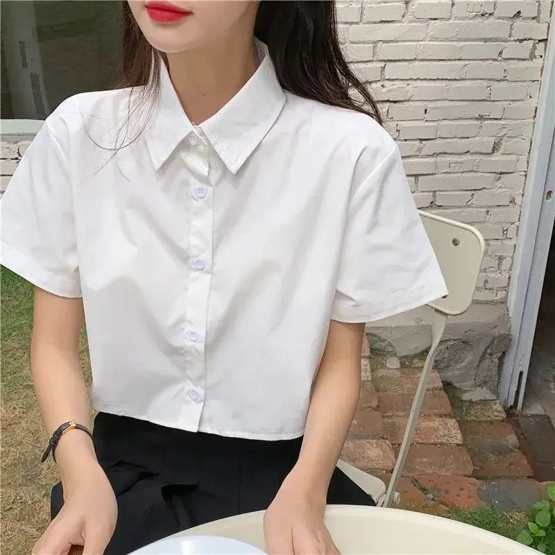 Oversize Cropped White Shirt Women Summer Short Sleeve Polo Neck