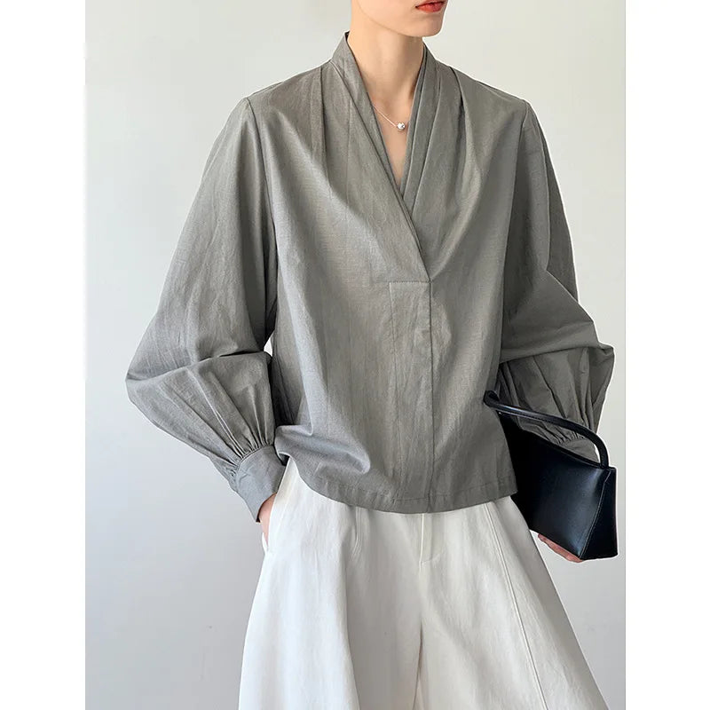 Women Casual White Color Blouses V-Neck Puff Sleeve Office Blouses