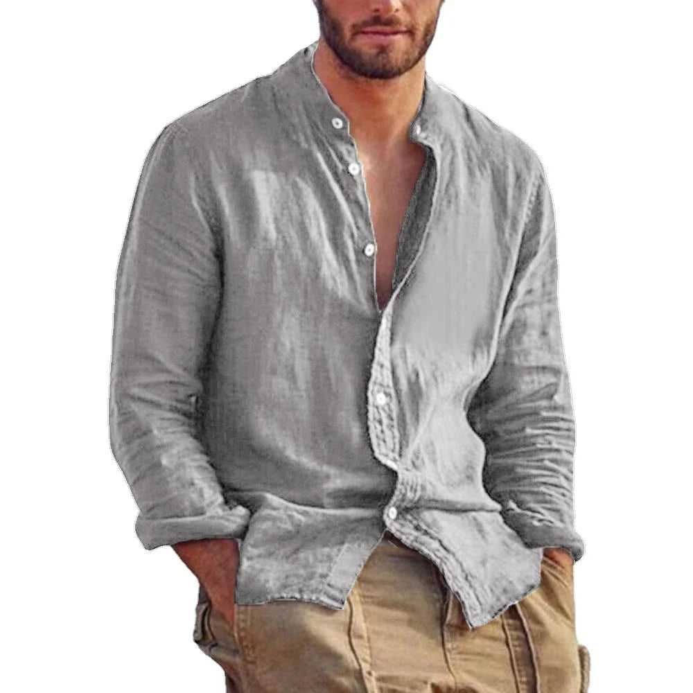 Sweatwear Men's Long Sleeve Shirt Linen Solid Color Shirts Trend Stand