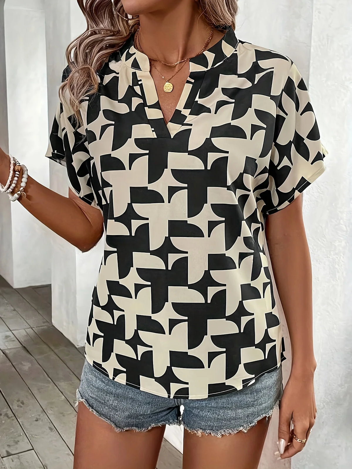 Elegant Summer Women's Print Shirt Casual Office Lady Notched V Neck