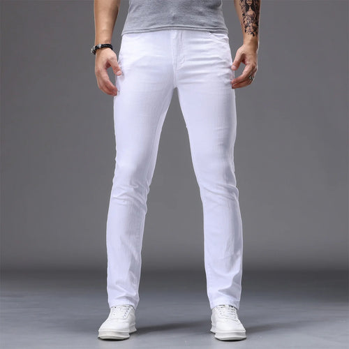 2026 Summer Brand Men's Slim Straight White Jeans Classic Badge Cotton