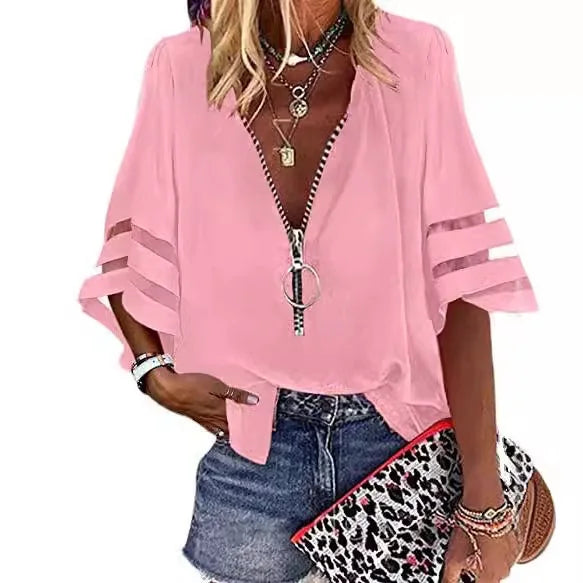 Summer Women Print Tees Shirts Loose Vintage Zipper Off Shoulder Sexy