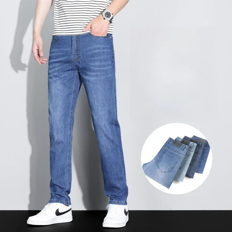 Men's Ice Silk Denim Cargo Pants Summer New Thin Business Casual Jeans