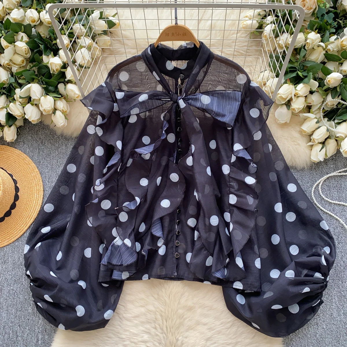 Women Butterfly Bow Lace-up Vintage Lantern Long Sleeve Top Slim