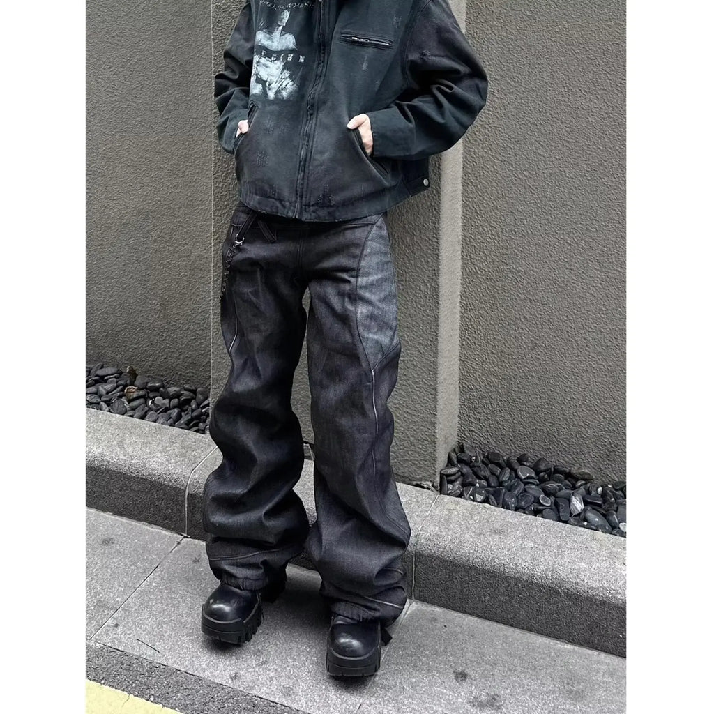 Men's 2025 Fall Trendy Streetwear Black Gray Straight Leg Denim Jeans