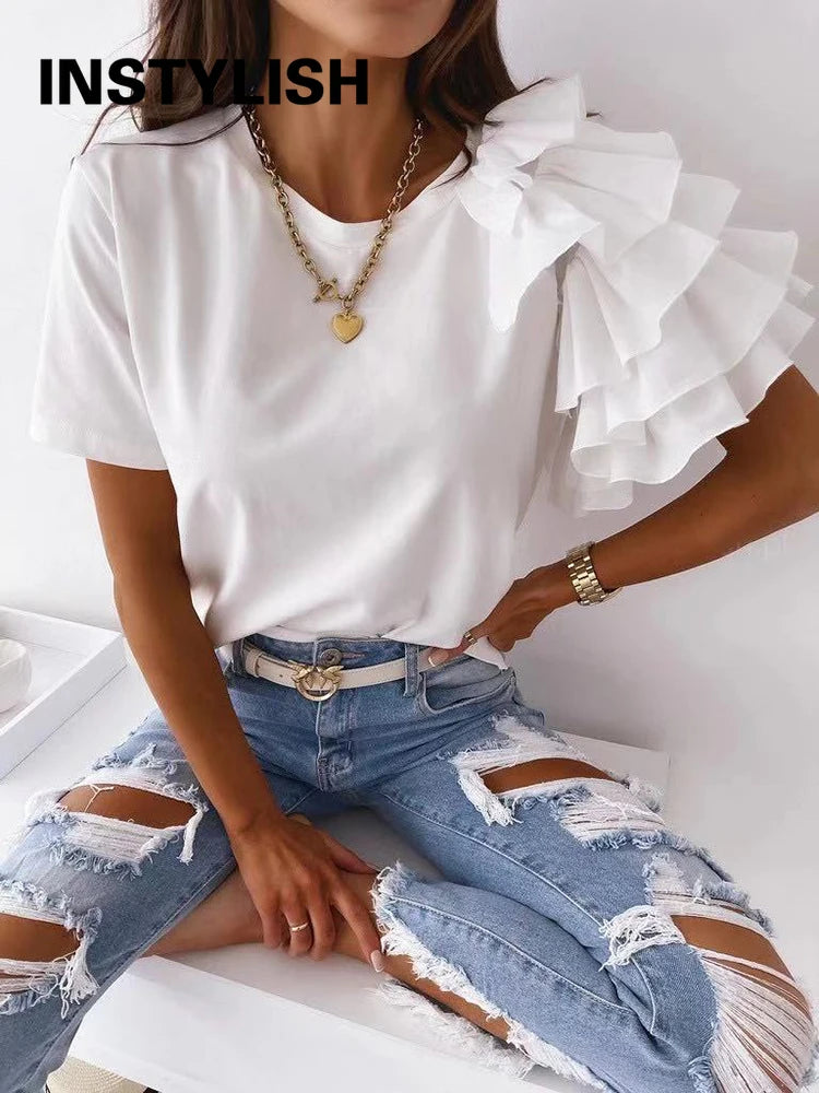 Women Summer Ruffles Short Sleeve Loose T Shirt Chic Elegant Solid O