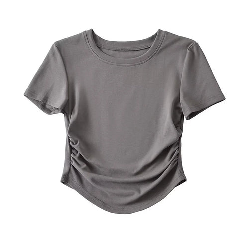 2024 Harajuku Women Crew Neck Short Sleeve Cotton Tee With Ruched