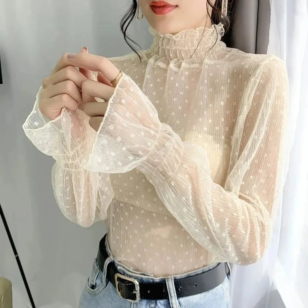 Sexy Sheer Mesh Long Sleeve Layering Top for Women Mock Neck Floral