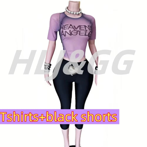HLJ&GG American Vintage Fashion Letter Mesh See Though Two Piece Sets