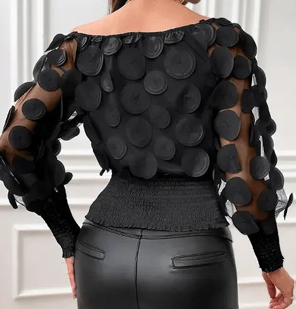 Applique Slant Shoulder Blouse, Elegant Long Sleeve Blouse For Spring
