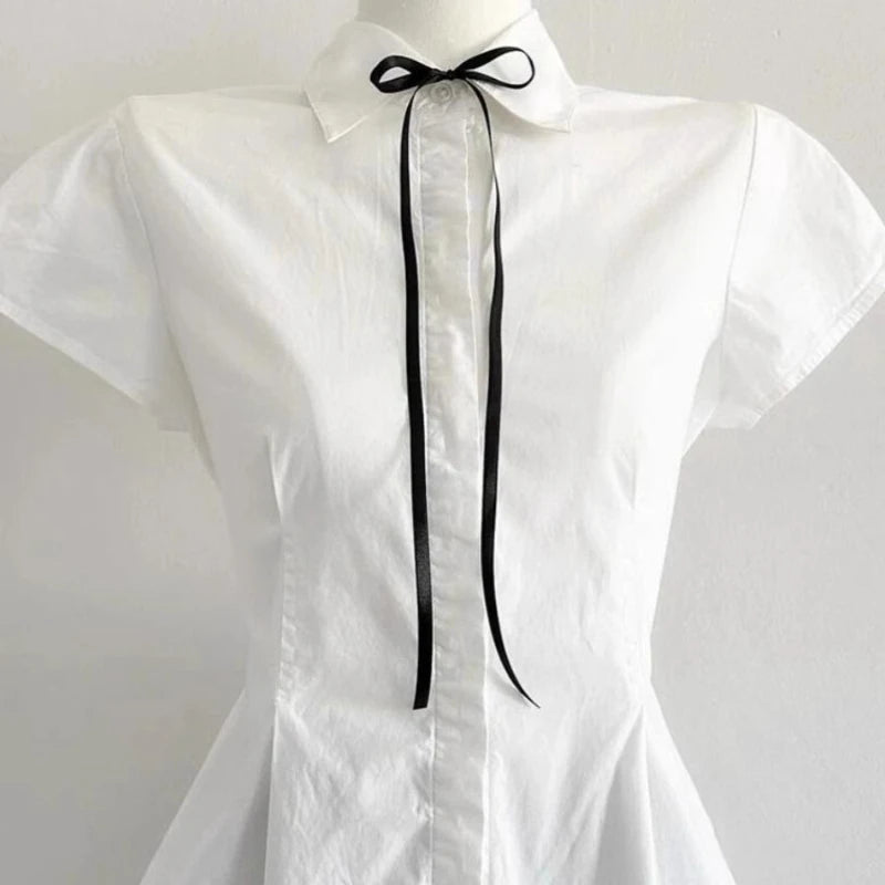 Deeptown Elegant Sweet White Blouse Women Bow Preppy Style Kawaii