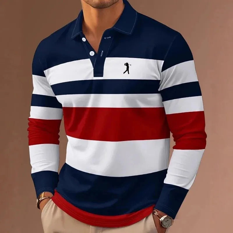 Men's striped rugby polo long-sleeved collar shirt casual school