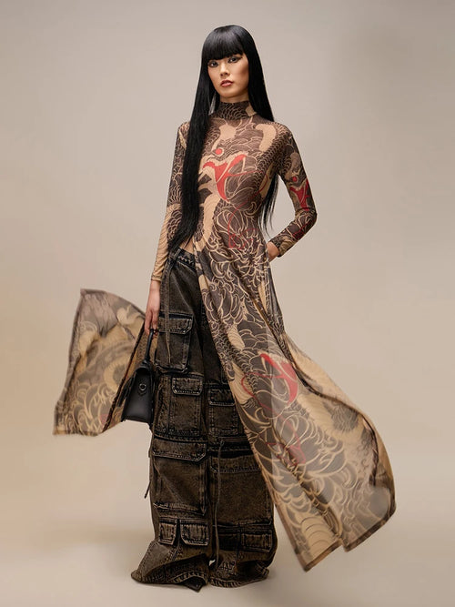 Nibber See Through Blouse Women Snake Print Half-High Neck Long