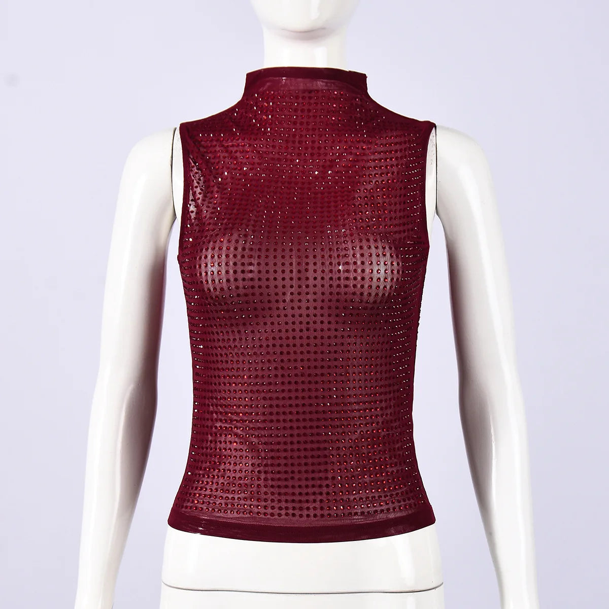 Women Y2K Mesh Hot-fix Rhinestone Tank Tops Turtle Neck Sleeveless