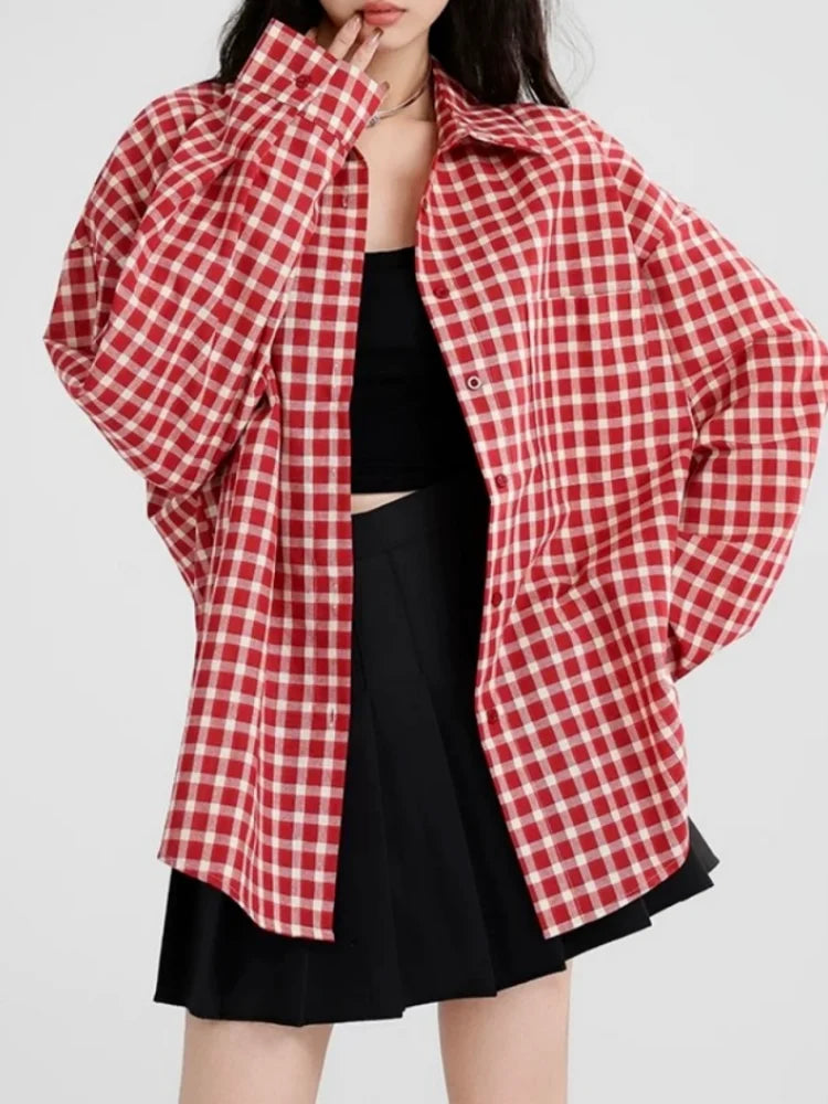 2025 Y2k Autumn Women New Vintage Red Plaid Turn-down Collar
