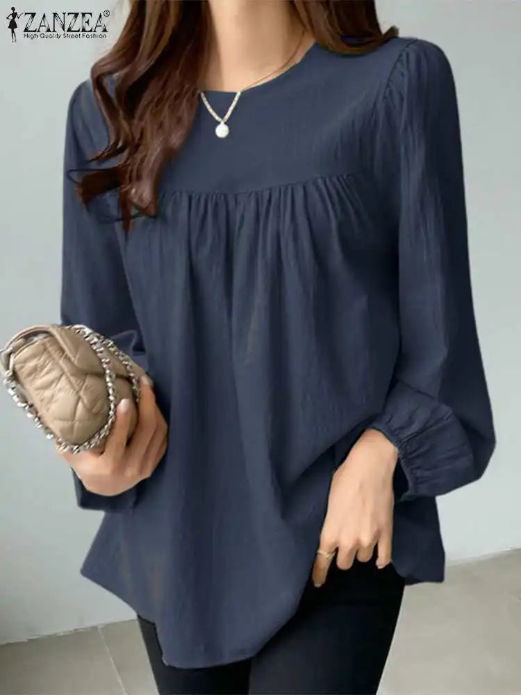 ZANZEA Elegant Solid Blouse Women Long Sleeve O Neck OL Work Shirt