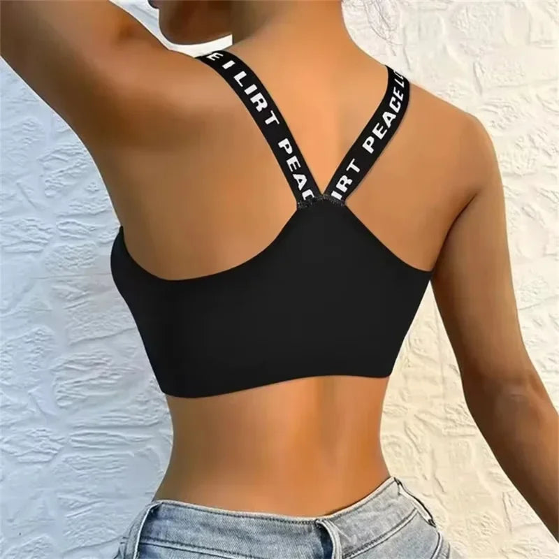 CHUANGERM Women's Seamless Sports Crop Top Wide Letter Straps Wireless