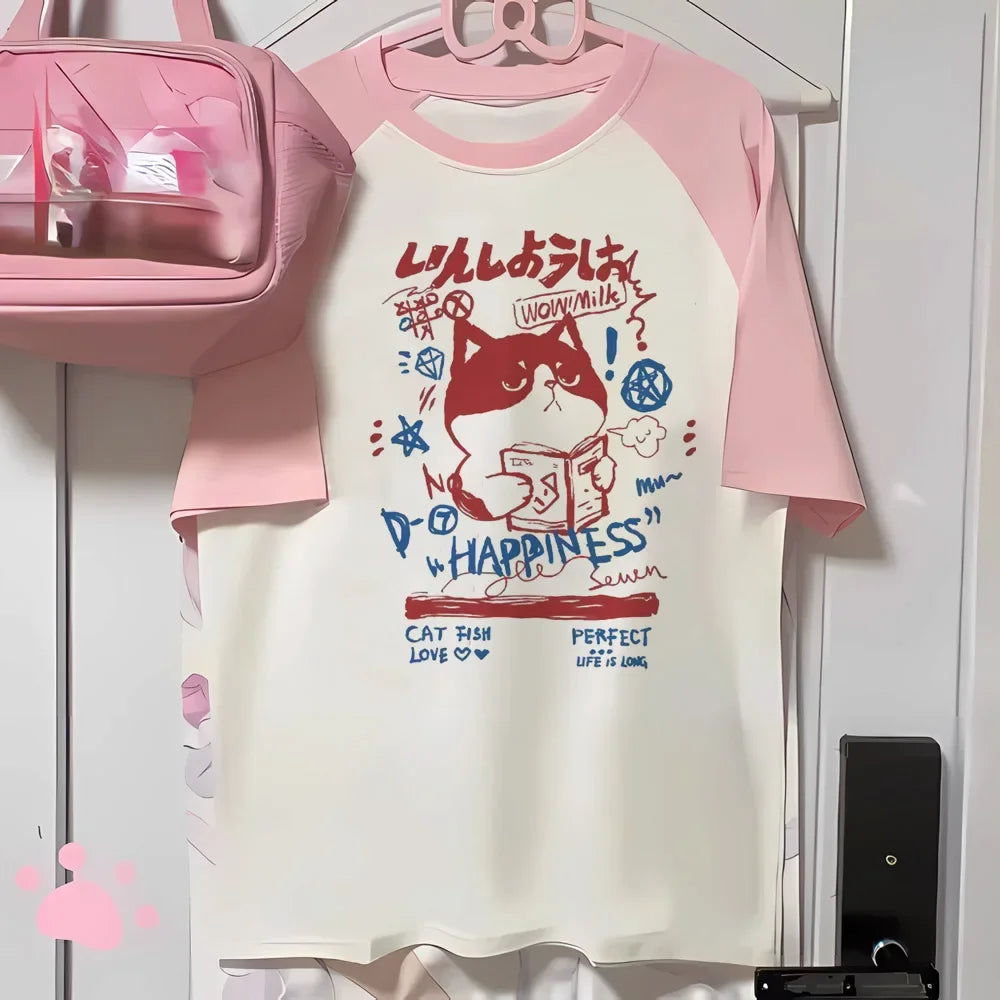 Aesthetics Japanese Grunge T-shirt Y2k Harajuku Anime Cartoon Cat Tops