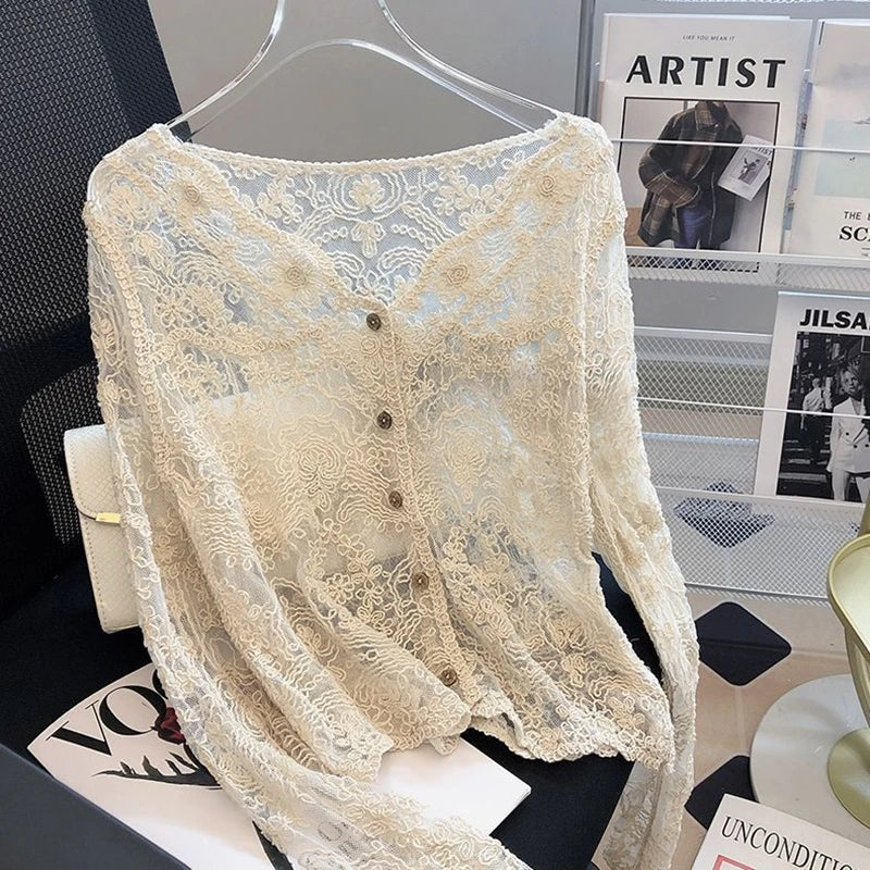 Vintage Summer Lace Sun Shirts Women White Blouses 2026 See Through