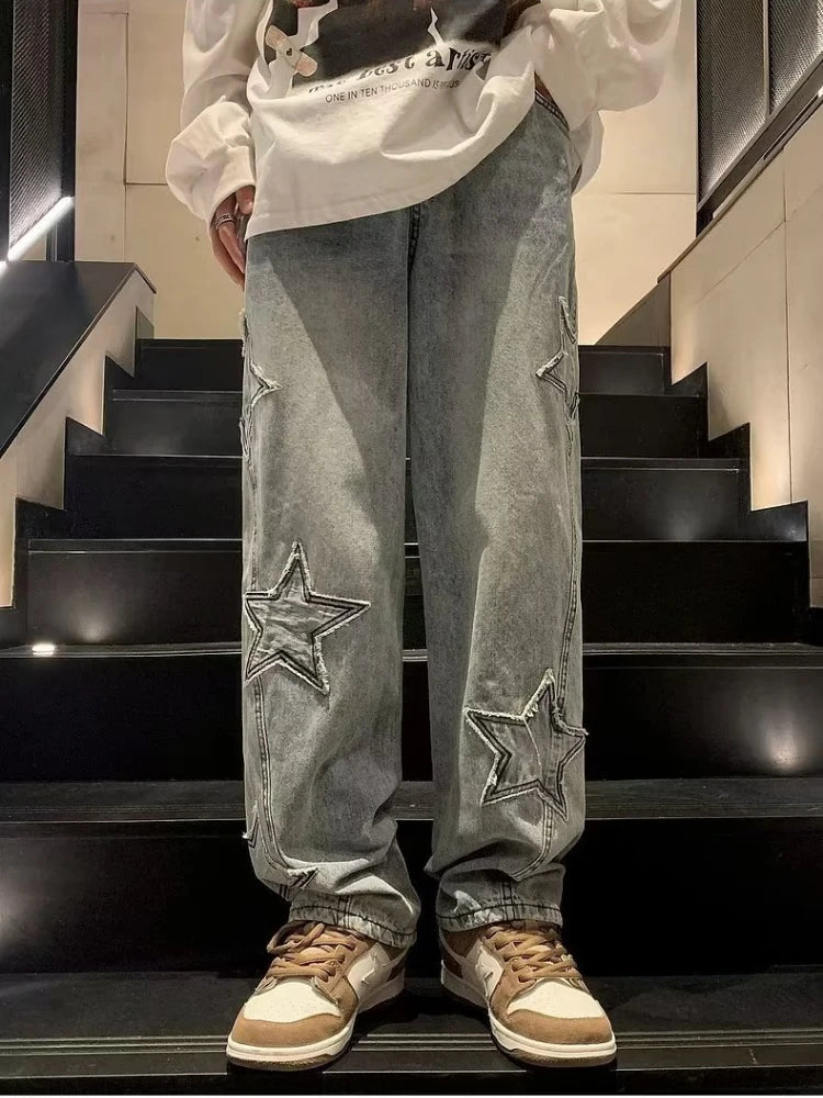 Star Embroidery Straight Casual Men Jeans Gothic Neutral New Wide Leg