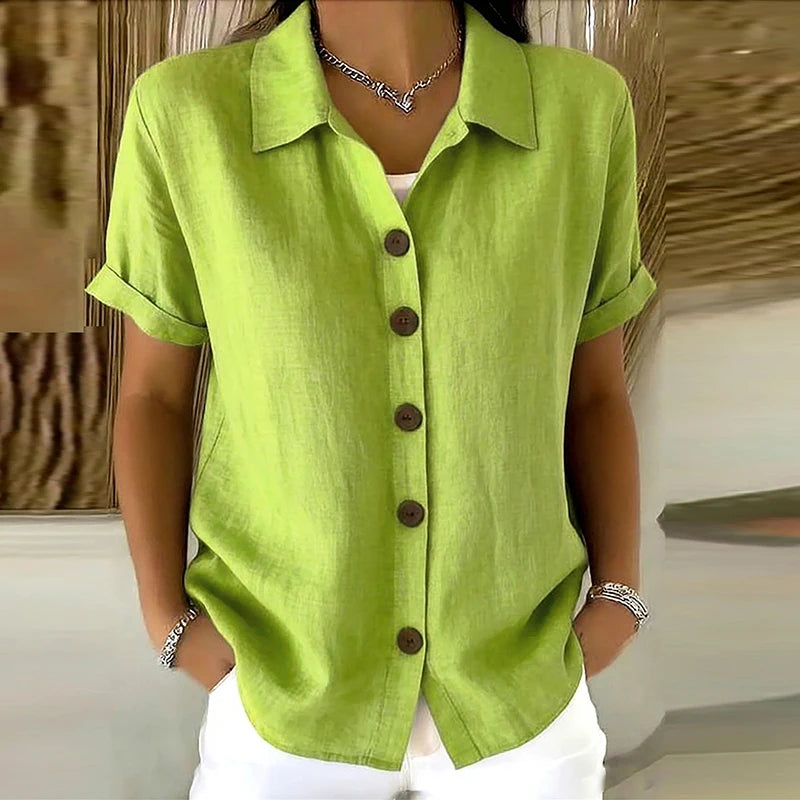 Women's Elegant Summer Cotton Linen Tops Short Sleeve Lapel Button Up