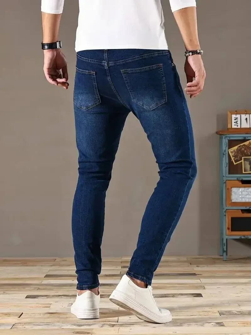 Mens Classic Style Pants Pure Color Stretch Jeans Street Casual Slim
