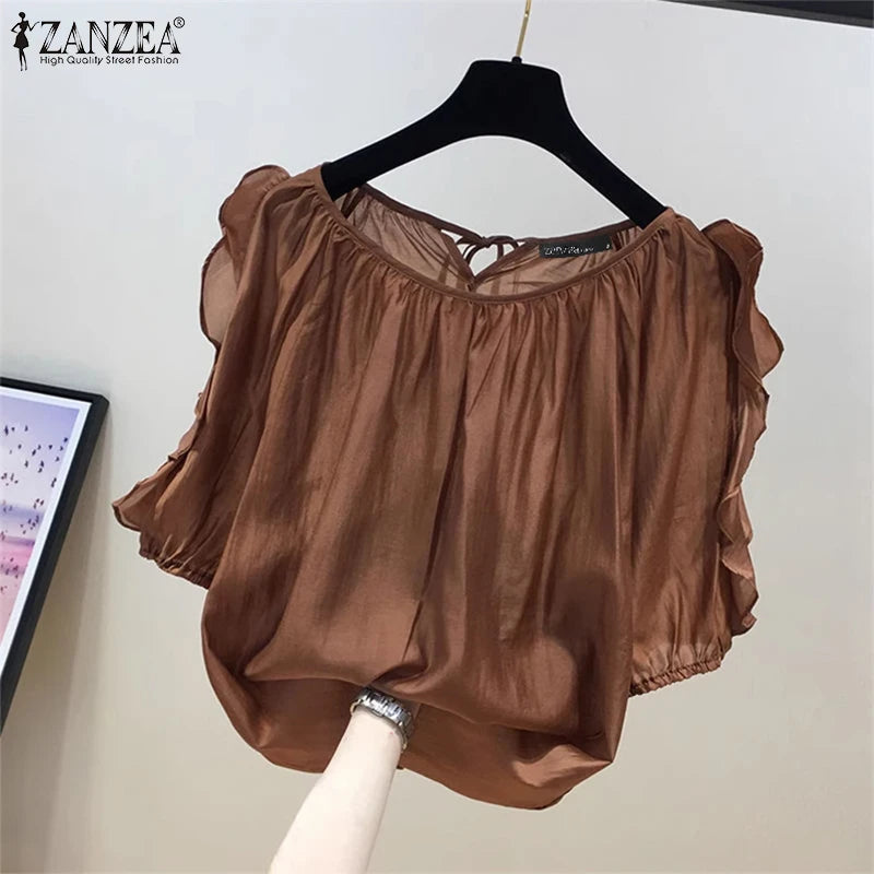 ZANZEA Women Cold Off Shoulder Blouse Fashion Ruffle Half Sleeve Tops