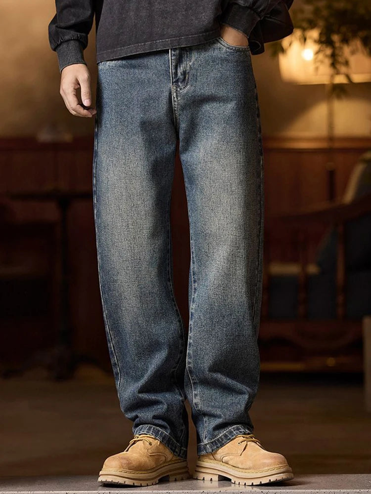 American Men's Y2K Retro Blue Denim Jeans Autumn Spring Relaxed Fit
