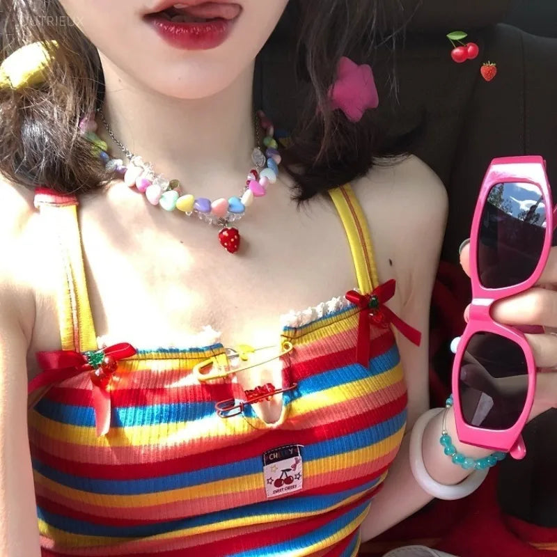 Sweet Rainbow Stripes Vest Women Clothing Chic Cute Korean Camis Y2k
