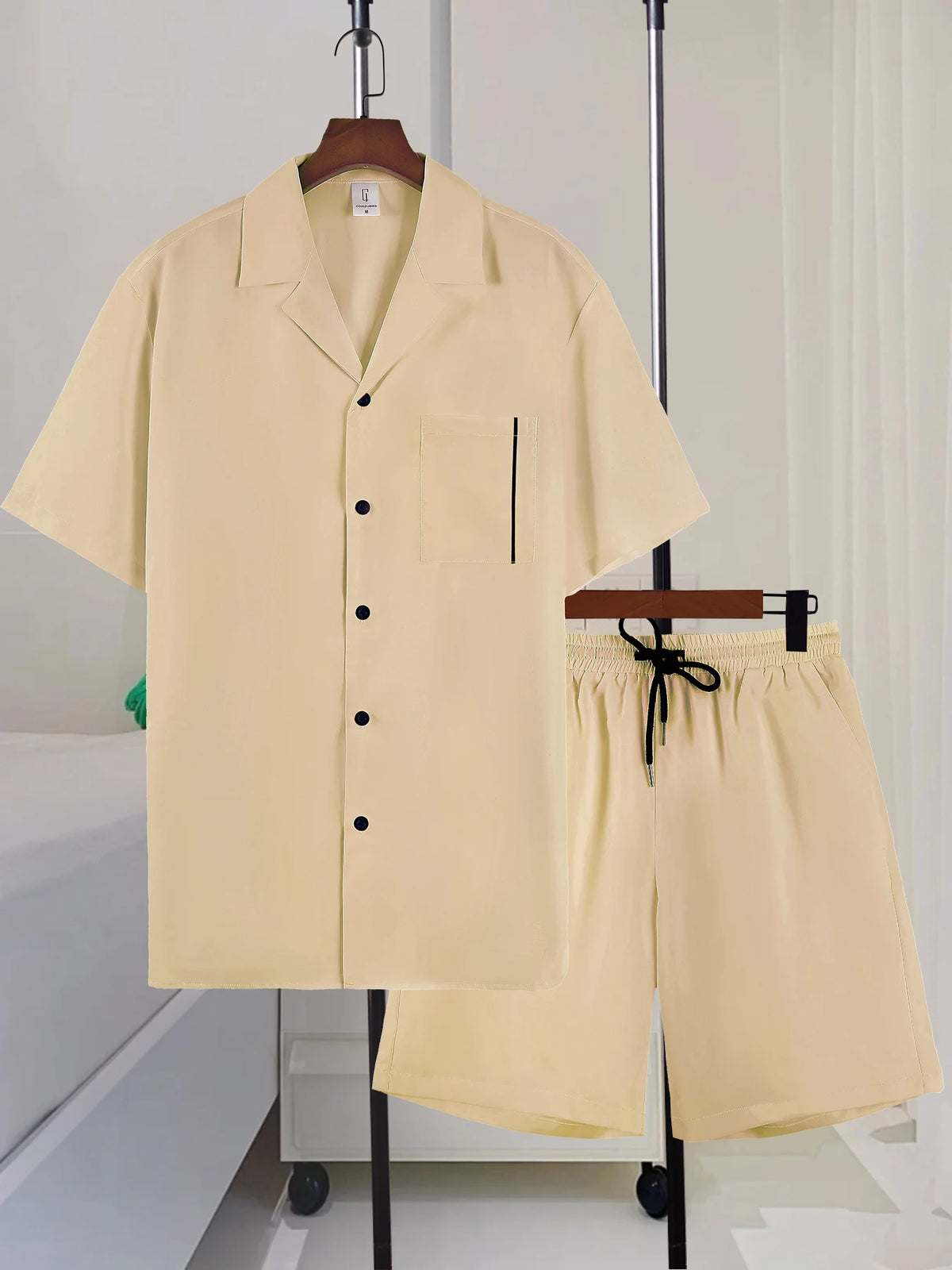 Men's Cuban Collar Contrast Short Sleeve Shirt & Shorts Set Summer